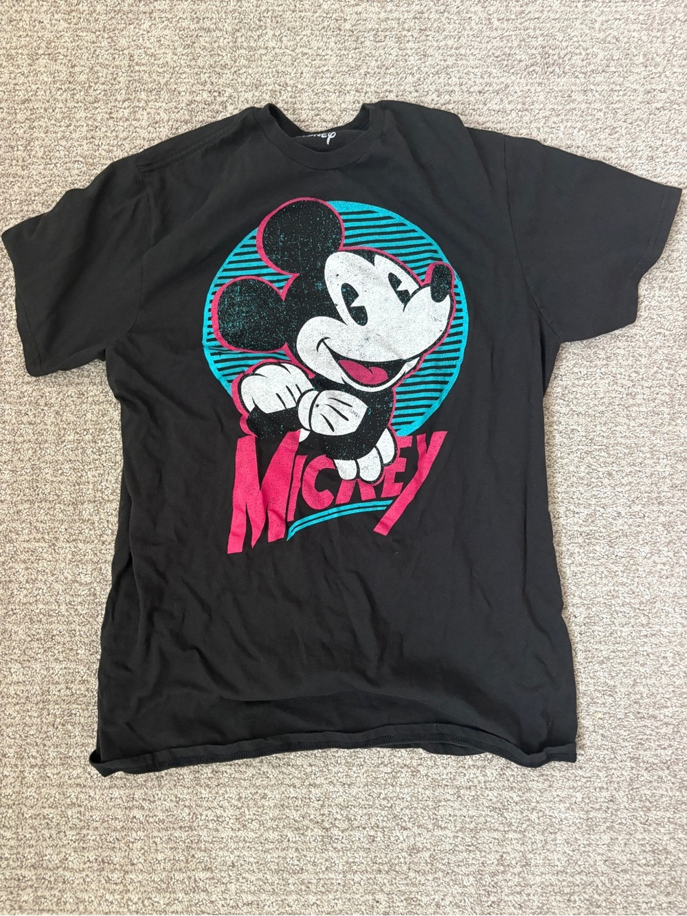 Disney Mickey Graphic Tee for Adults Black with Red/Pink & Turquoise Size Medium